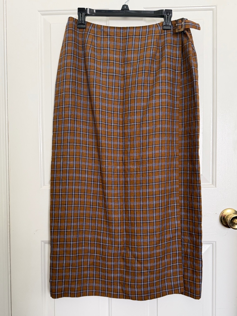 Casual Corner Brown Linen Plaid Midi Skirt with Side tie detail